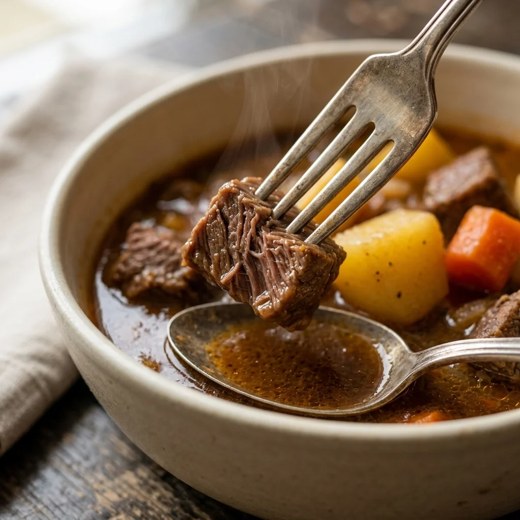 Fork-tender beef above rich broth with intact potatoes and carrots