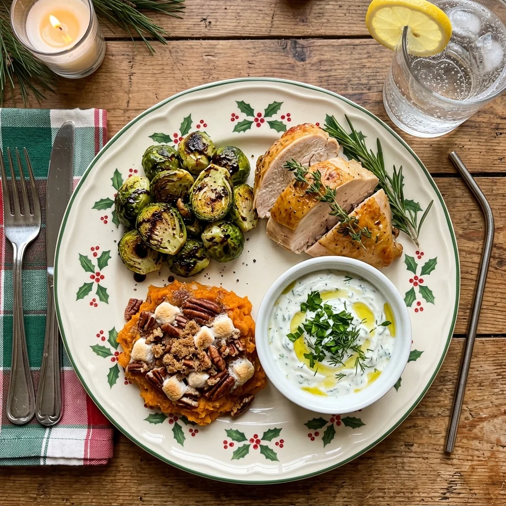 Holiday plate with sweet potato bake, halal roast chicken, Brussels sprouts, yogurt, and lemon water