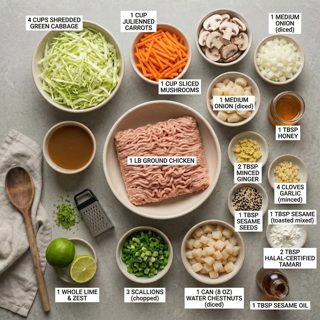 ground chicken, cabbage, vegetables, aromatics, tamari, lime, and sesame ingredients for a skillet meal