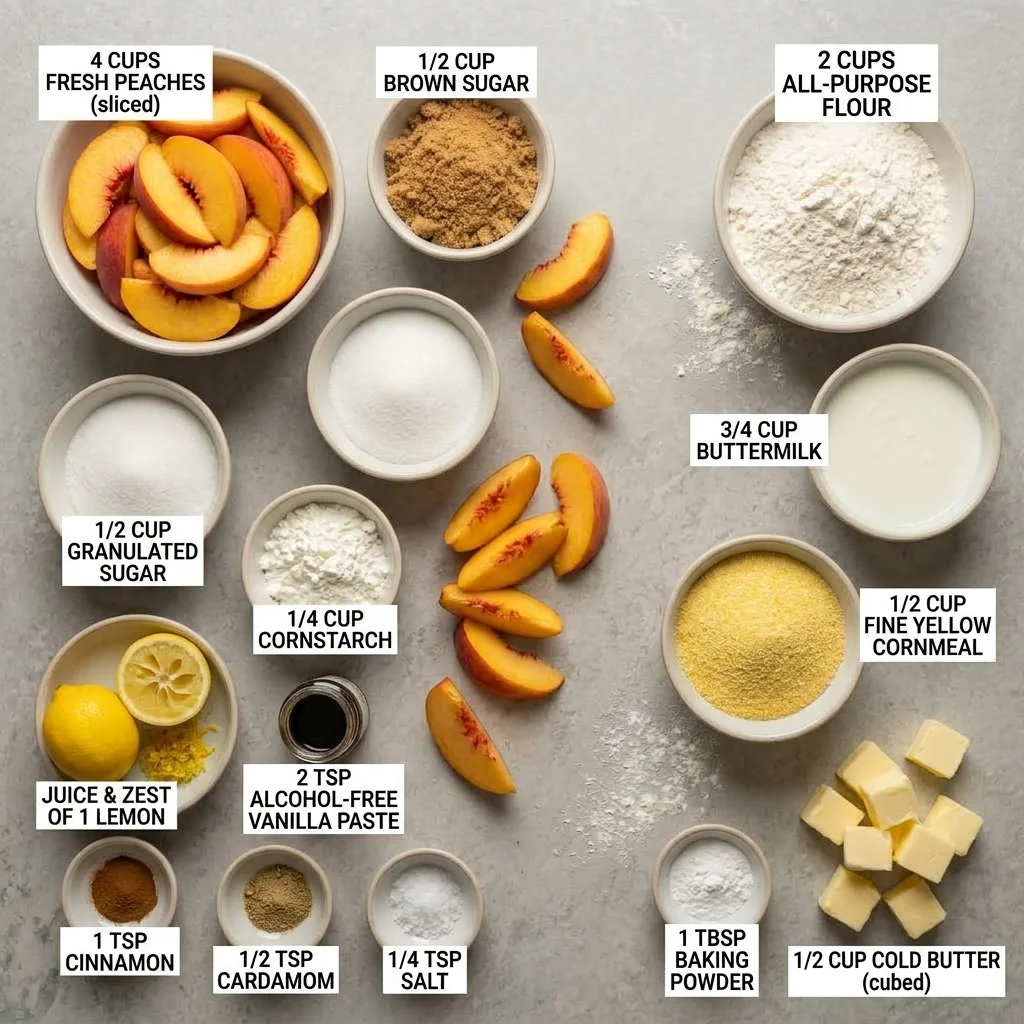 Fresh peaches and measured ingredients for a cornmeal biscuit cobbler