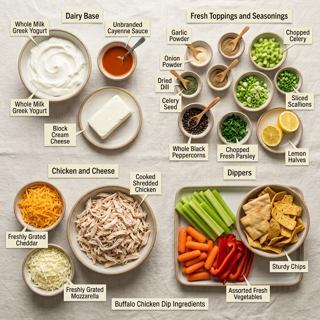 chicken, cream cheese, yogurt, cheeses, cayenne sauce, herbs, celery, and dippers
