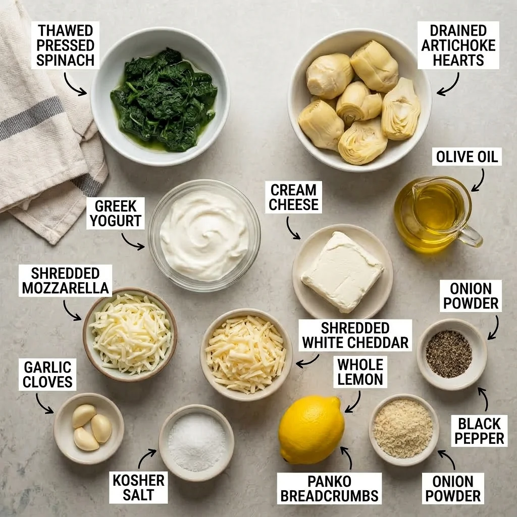 Ingredients for hot artichoke spinach dip arranged beside pressed greens
