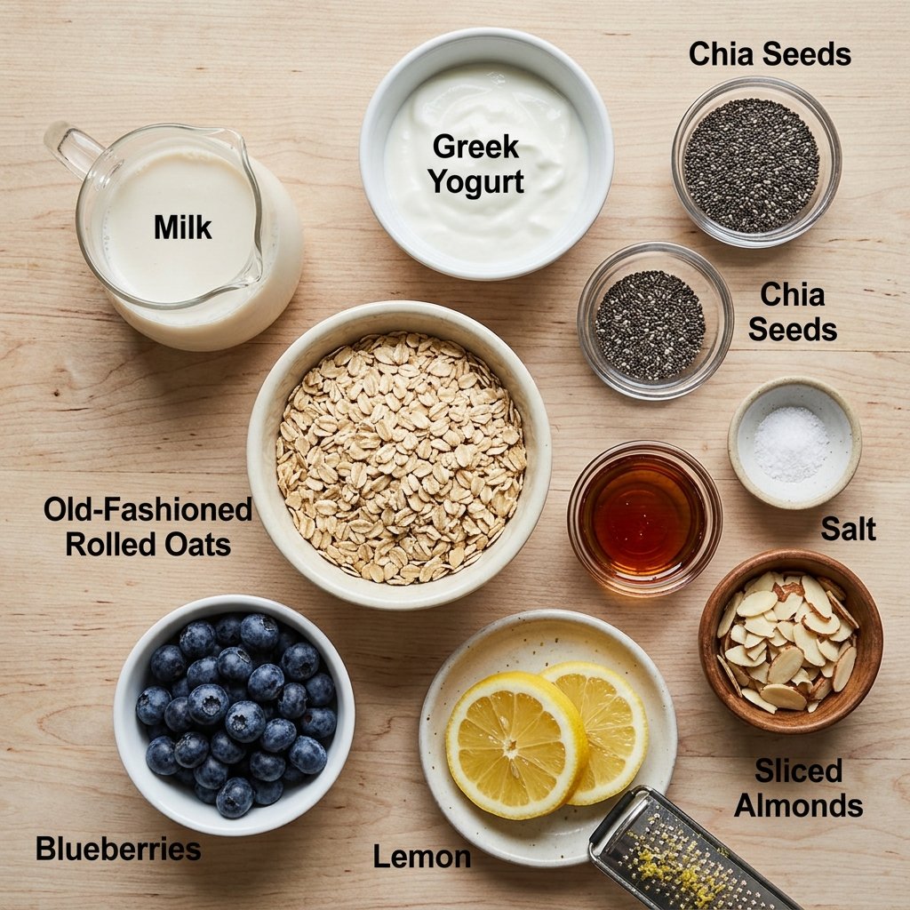 Rolled oats, Greek yogurt, chia, blueberries, lemon, milk, maple syrup, and almonds