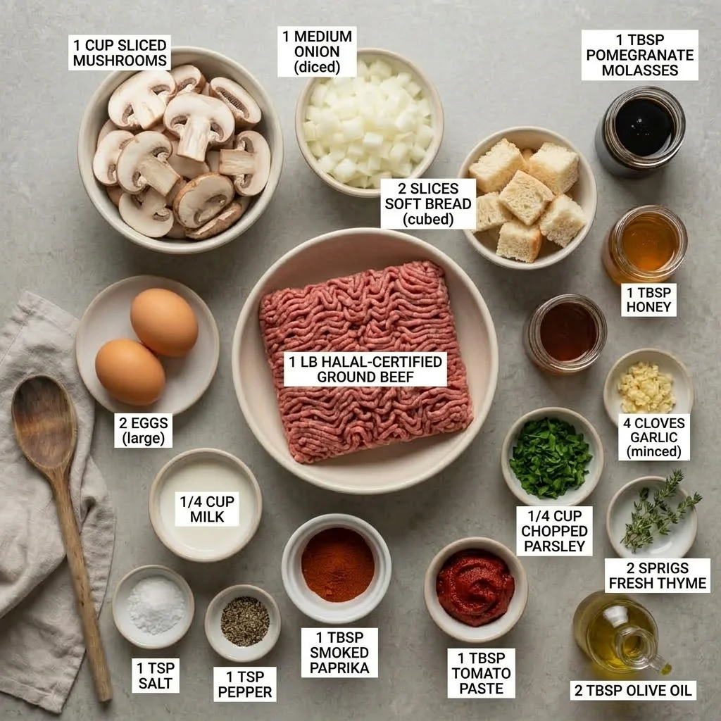 beef, mushrooms, aromatics, bread, milk, eggs, herbs, and pomegranate glaze ingredients