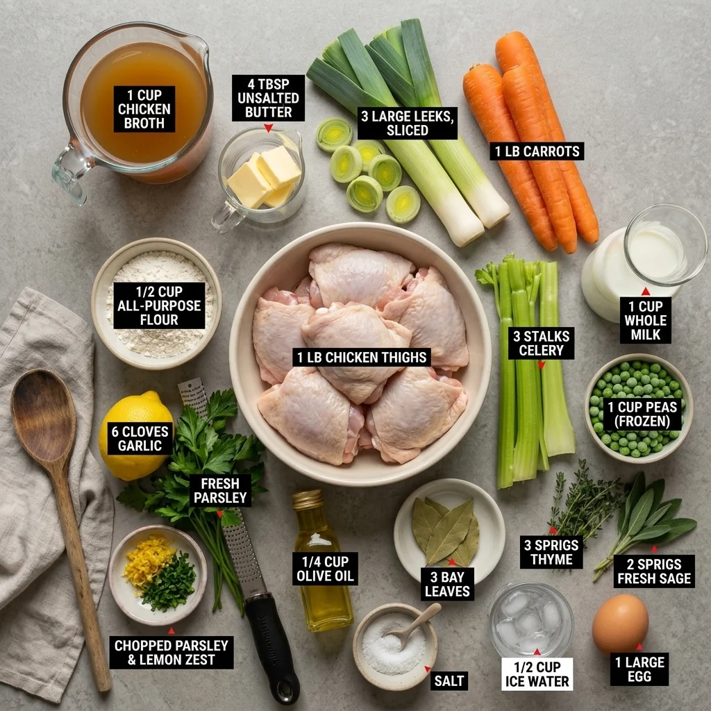 chicken, vegetables, herbs, dairy, flour, lemon, and egg arranged for a savory pot pie