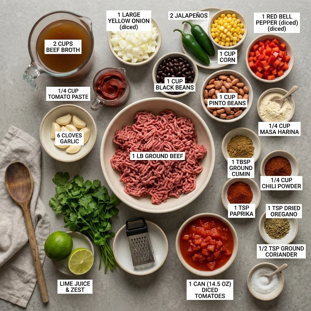 beef, beans, corn, tomatoes, vegetables, spices, masa harina, lime, and cilantro for soup