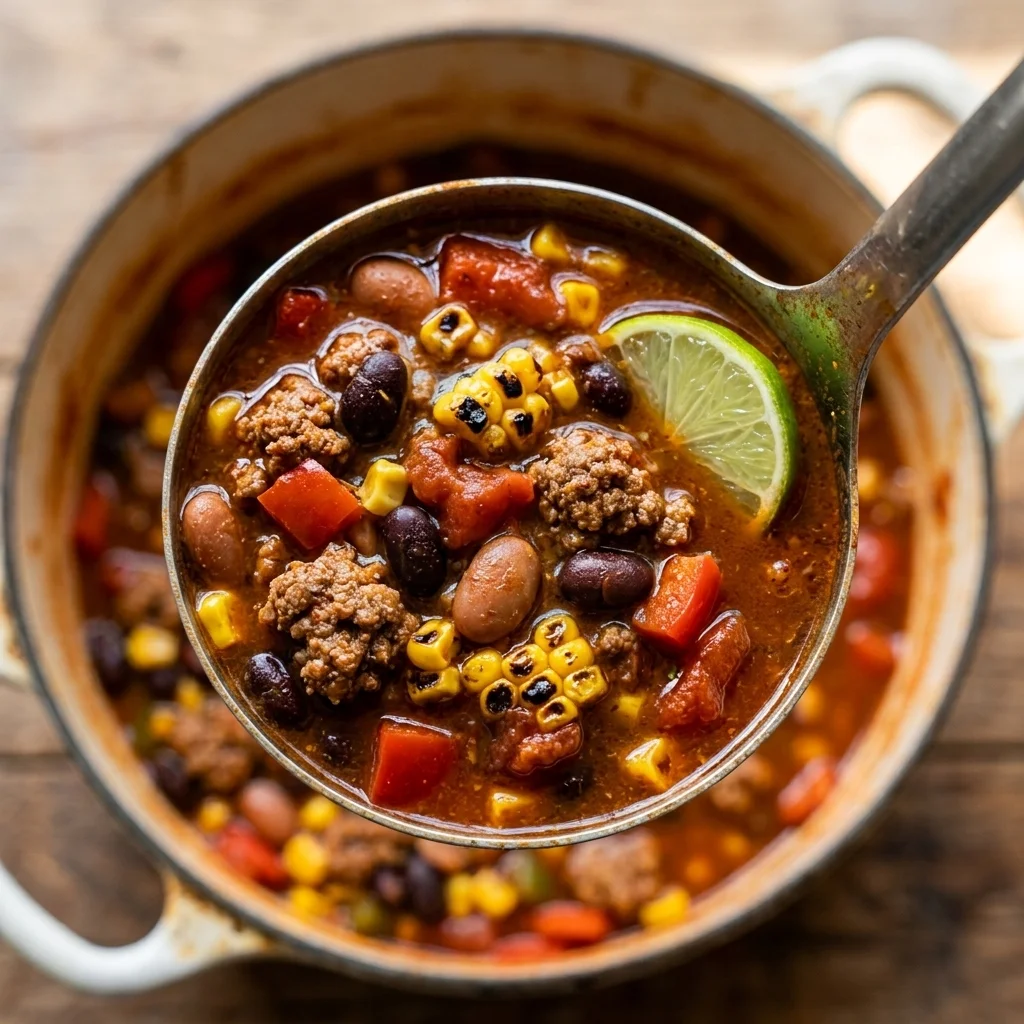 Ladle of lightly thickened beef and bean soup with charred corn and red pepper
