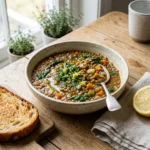 Thick lentil soup with carrots, spinach, whole lentils, parsley, and lemon zest