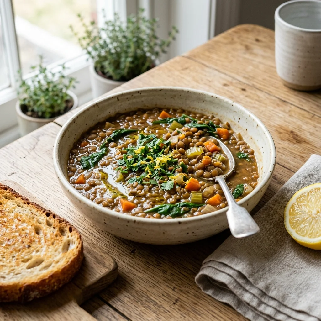 Lentil Soup with Caramelized Tomato and Lemon-Parsley Finish