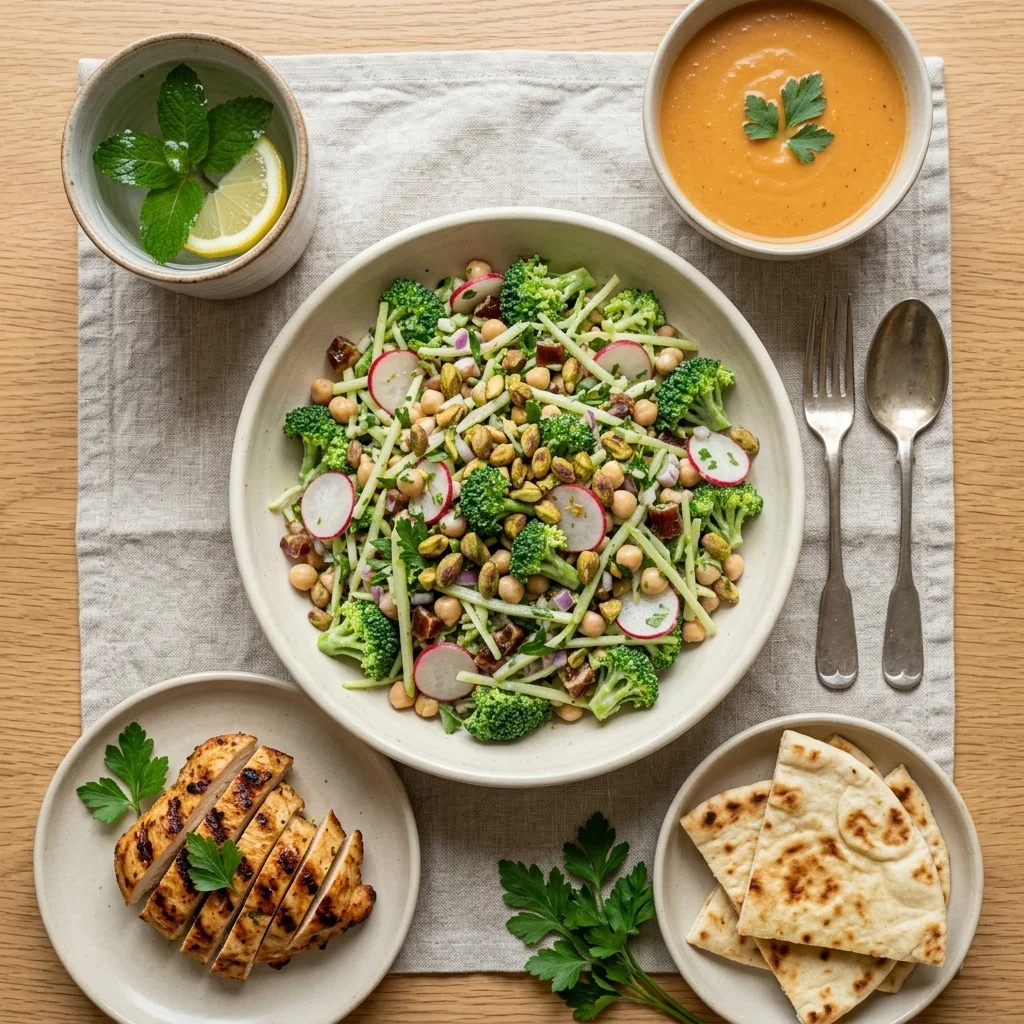 Broccoli and chickpea salad served with halal chicken, lentil soup, flatbread, and mint water