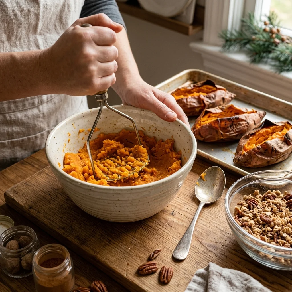Roasted sweet potato flesh being mashed beside a bowl of pecan and oat crumble