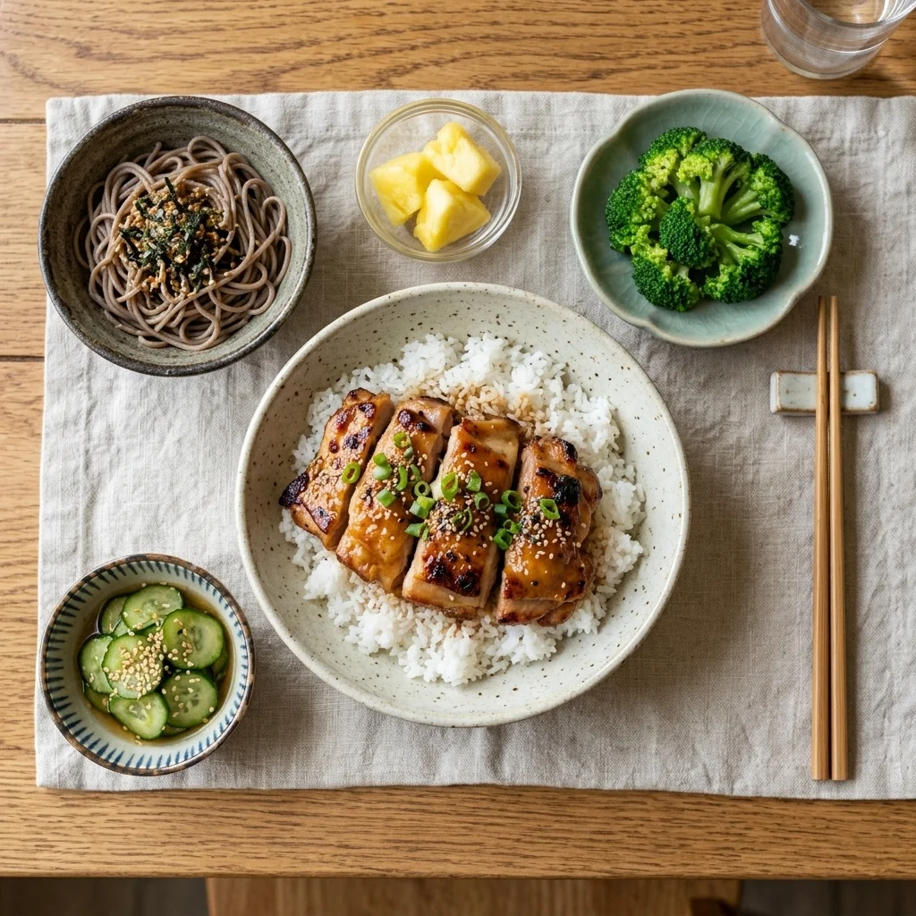 Glazed chicken dinner with cucumber salad, broccoli, rice, noodles, and pineapple