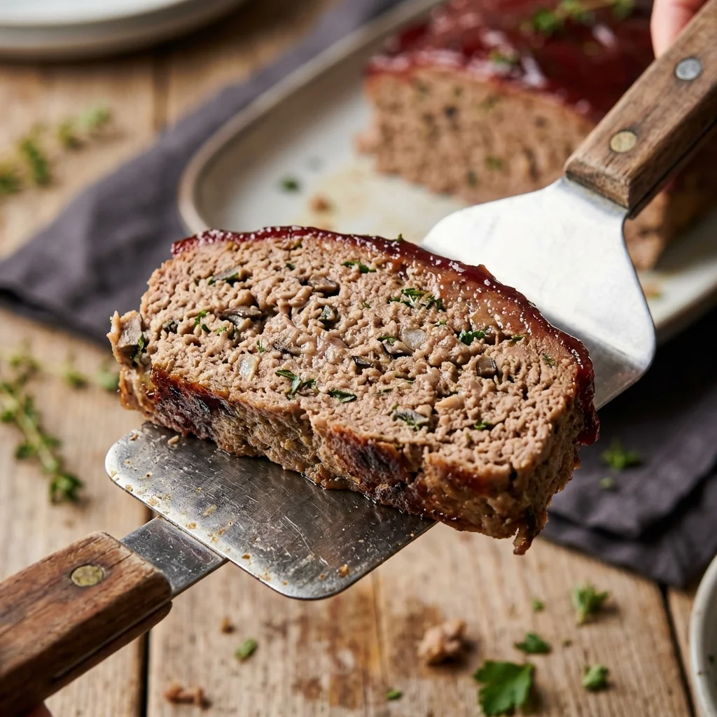 Tender meatloaf slice with a cohesive crumb and thin pomegranate-tomato glaze