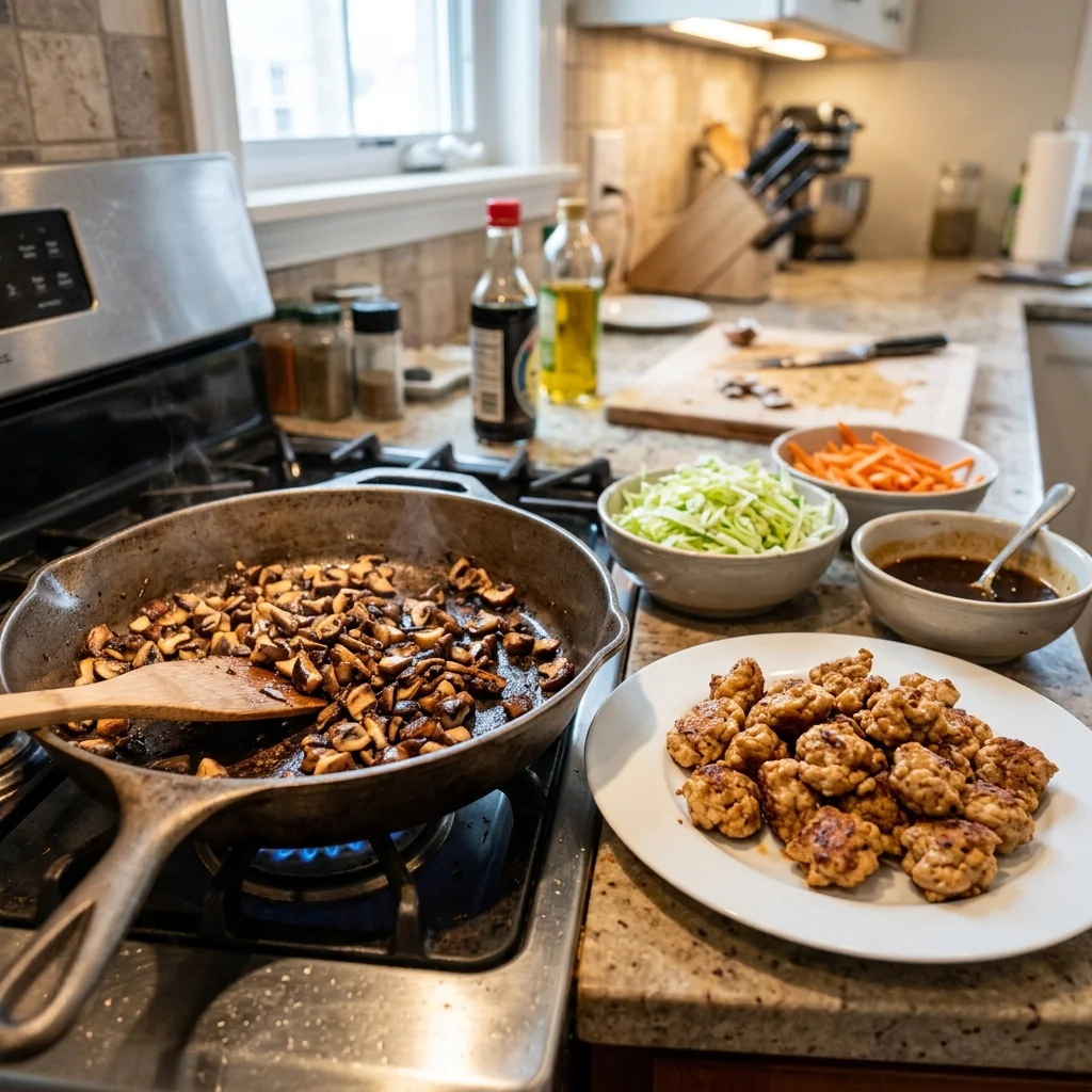 Browned mushrooms in a wide skillet beside cooked chicken and prepared vegetables