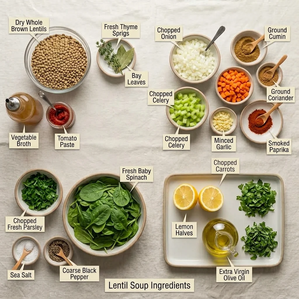Brown lentils, vegetables, tomato paste, warm spices, spinach, parsley, and lemon