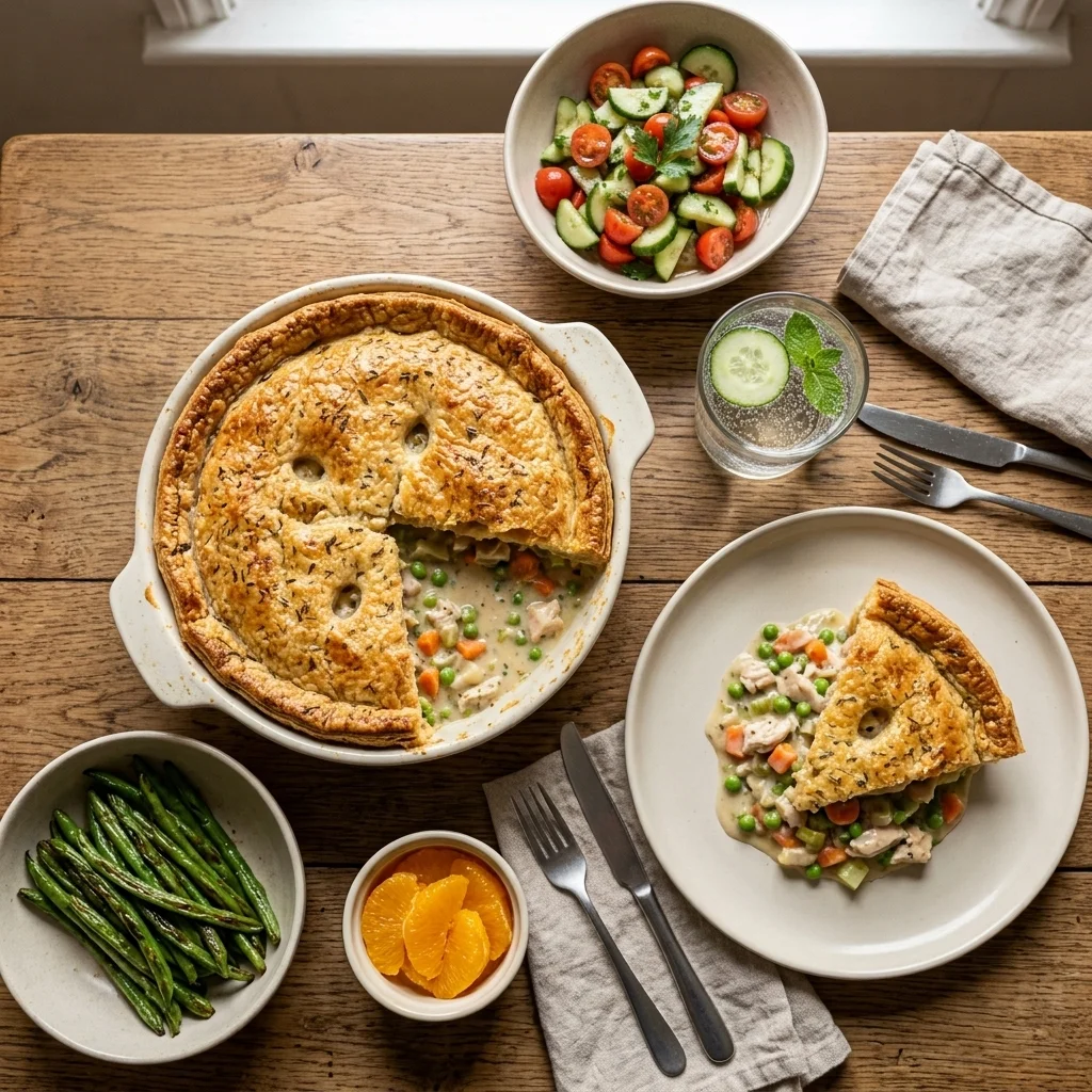 Chicken pot pie served with cucumber tomato salad, green beans, oranges, and sparkling water