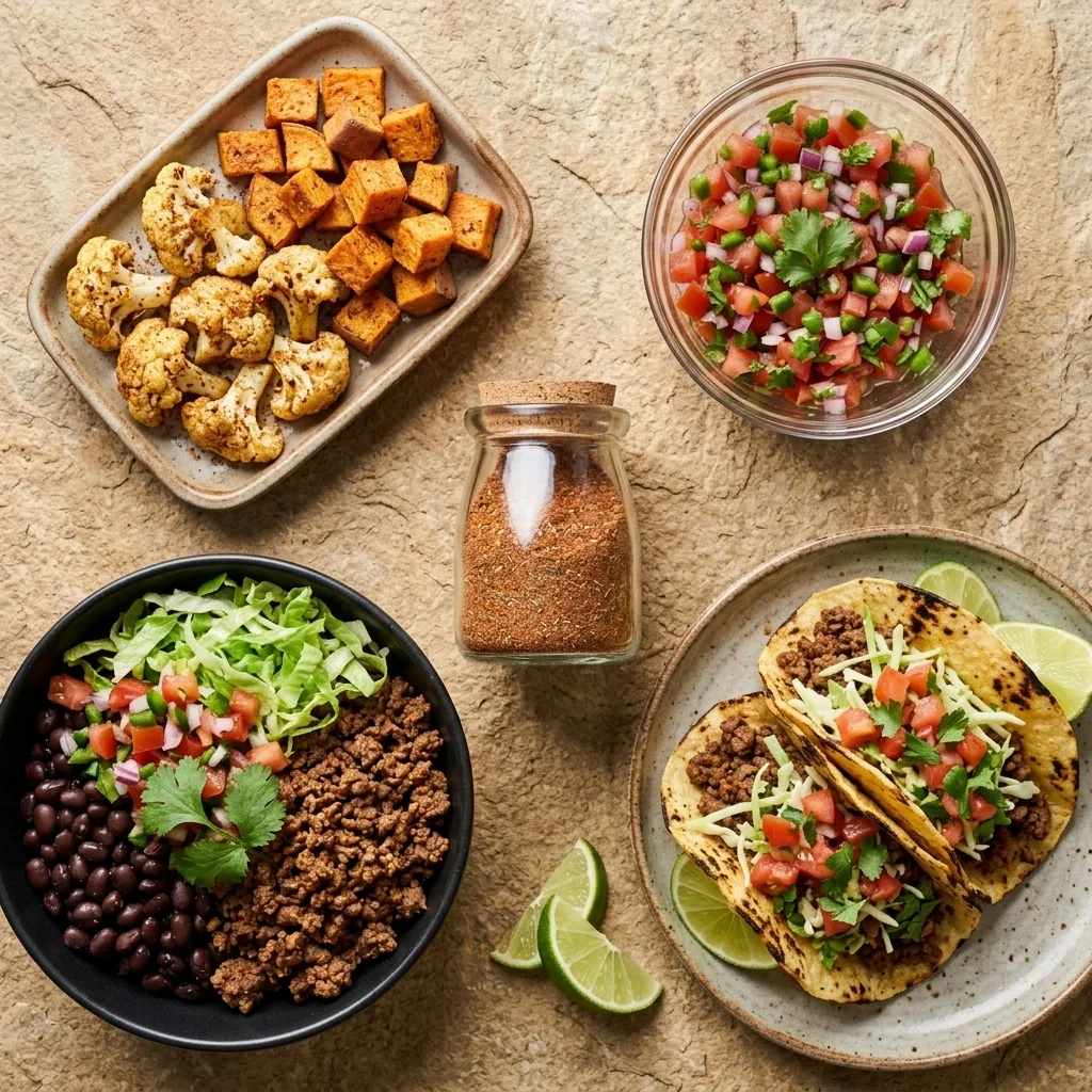 Seasoned tacos, black beans, roasted vegetables, and fresh salsa around a spice jar