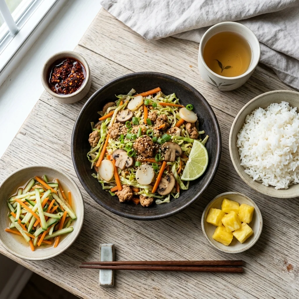 Chicken and cabbage bowl served with jasmine rice, cucumber salad, pineapple, chili crisp, and tea