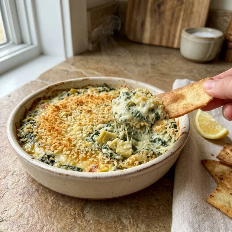 Baked spinach artichoke dip with roasted garlic and a golden lemon crumb