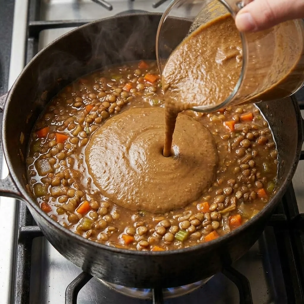 Blended lentil mixture returning to a pot with whole lentils and diced vegetables