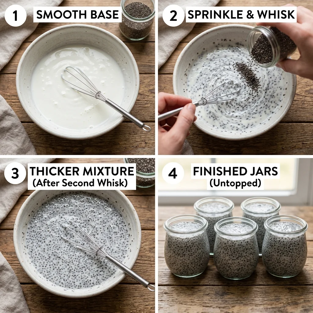 Four stages of mixing chia pudding from liquid base to evenly set jars