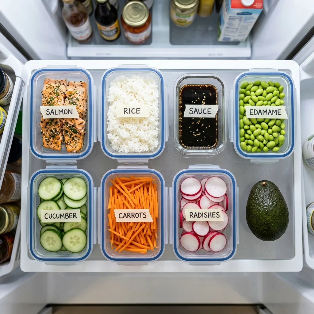 Poke bowl components stored separately in shallow containers for make-ahead preparation