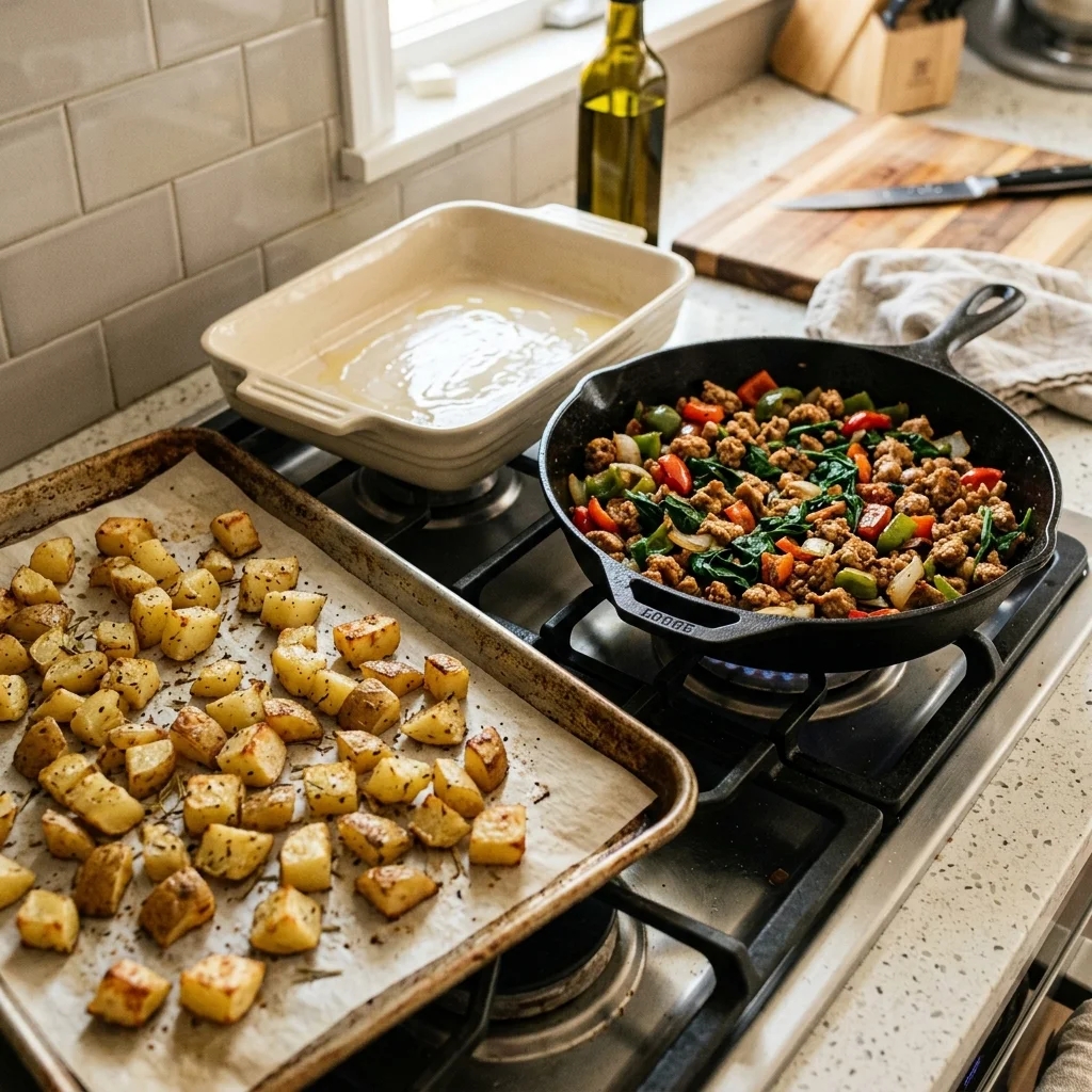 Roasted potatoes and cooked chicken sausage vegetables ready for casserole assembly