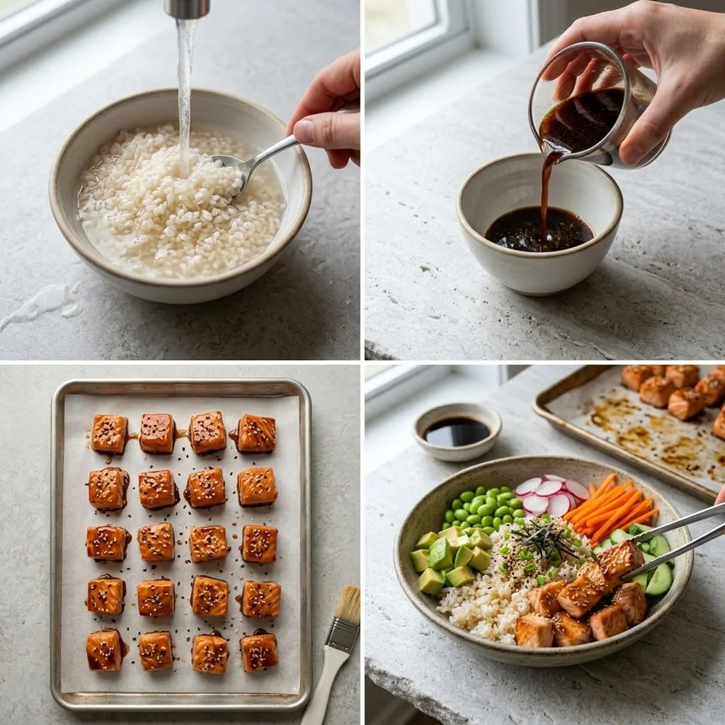 Four safe preparation stages for rice, reserved sauce, roasted salmon, and poke bowl assembly