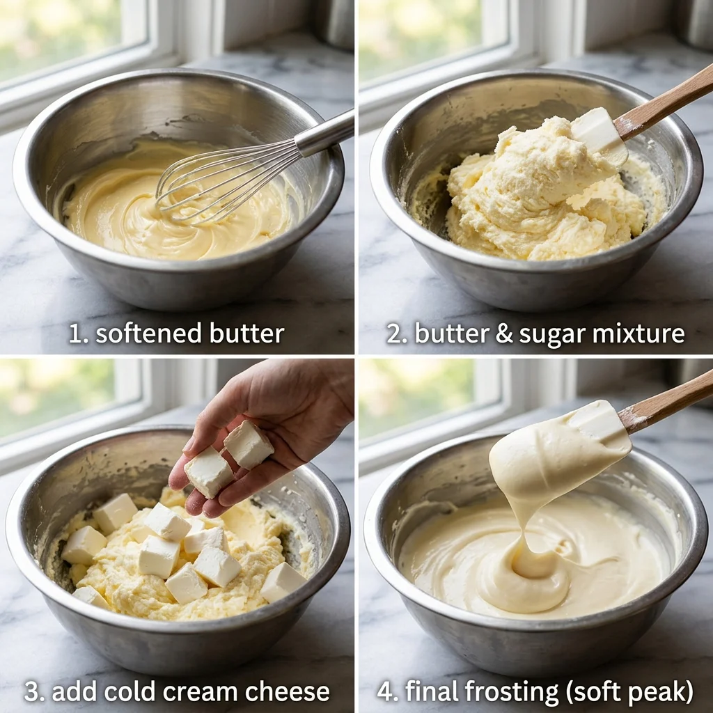 Four stages of mixing cream cheese frosting from cool butter to a soft finished peak