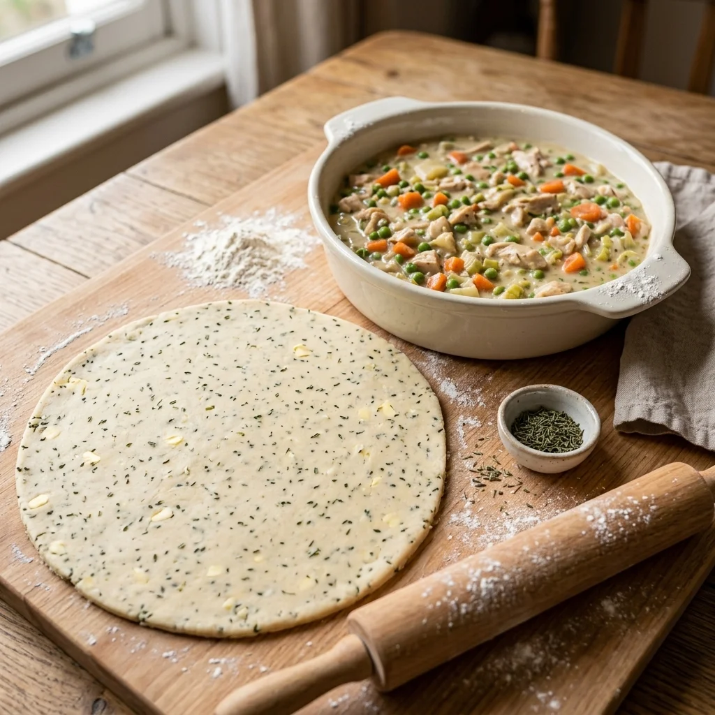 Cold thyme pastry rolled beside cooled chicken and vegetable pot pie filling