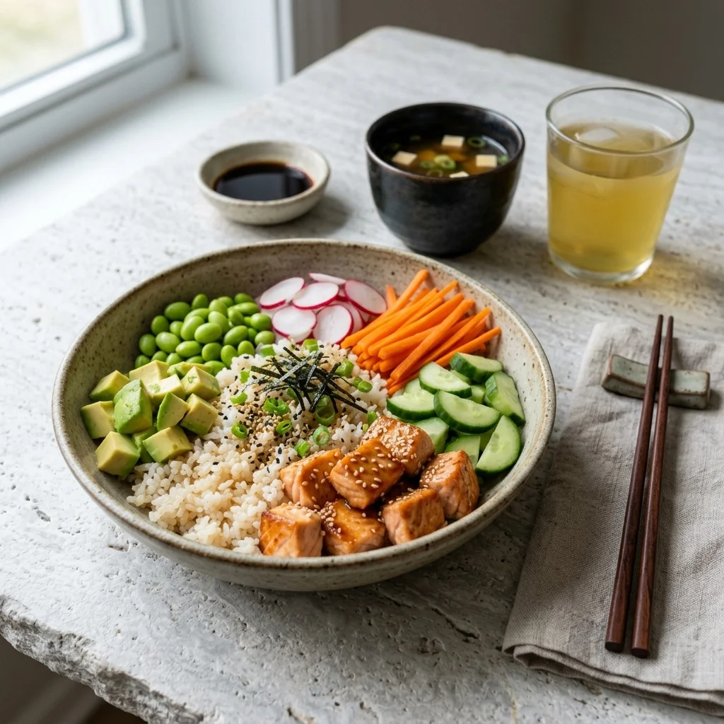 Roasted salmon poke bowl served with miso soup and chilled green tea