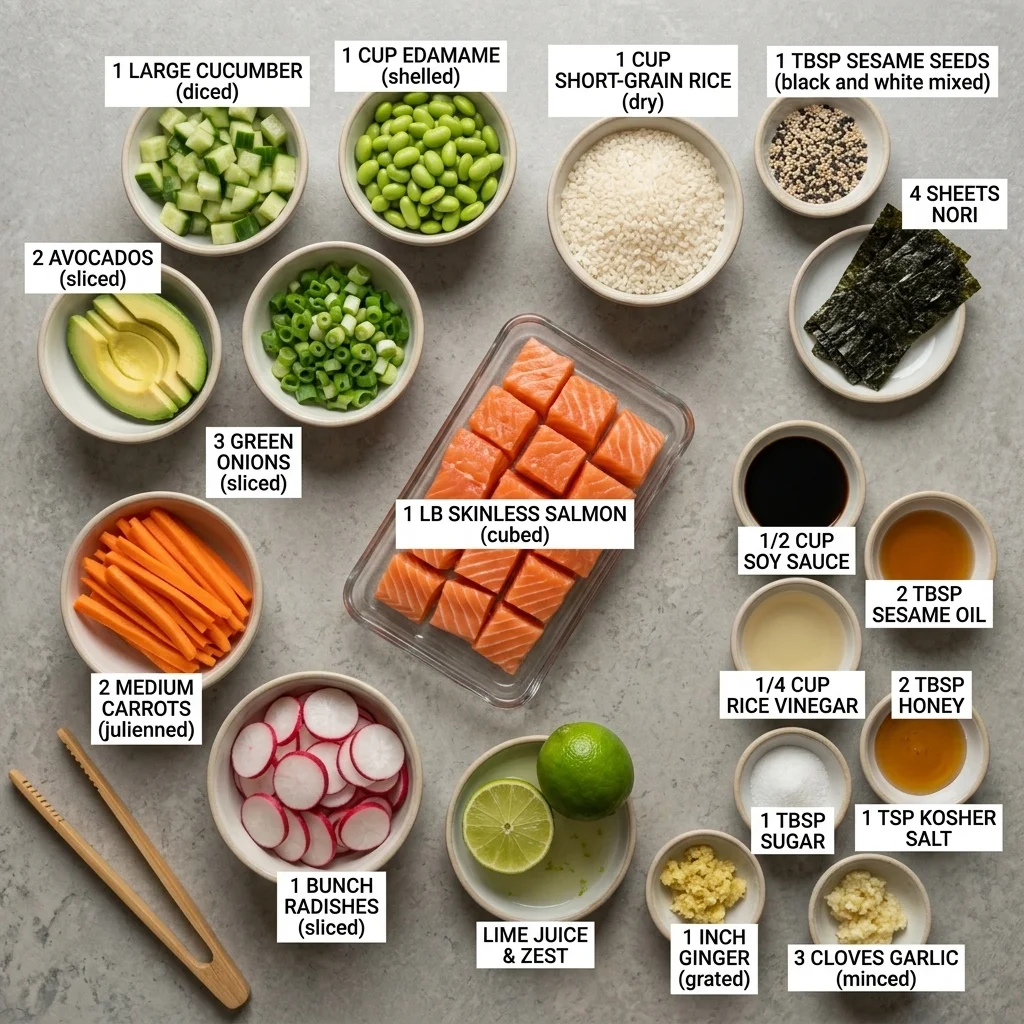 Ingredients for a roasted salmon poke bowl arranged safely on a kitchen surface