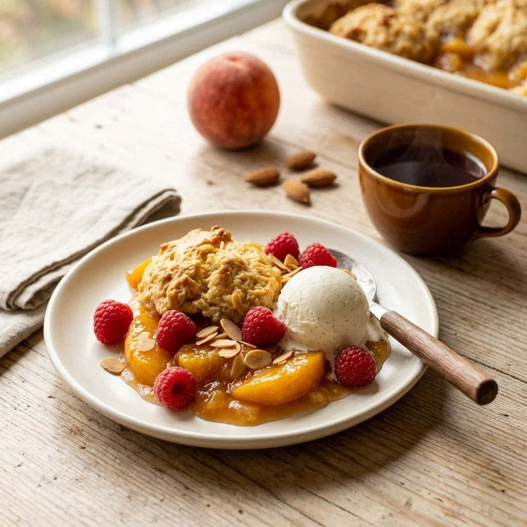Warm peach dessert served with vanilla ice cream, raspberries, tea, and almonds