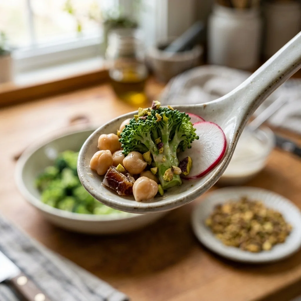 Spoonful of lightly dressed broccoli, chickpeas, radish, date, and toasted pistachio