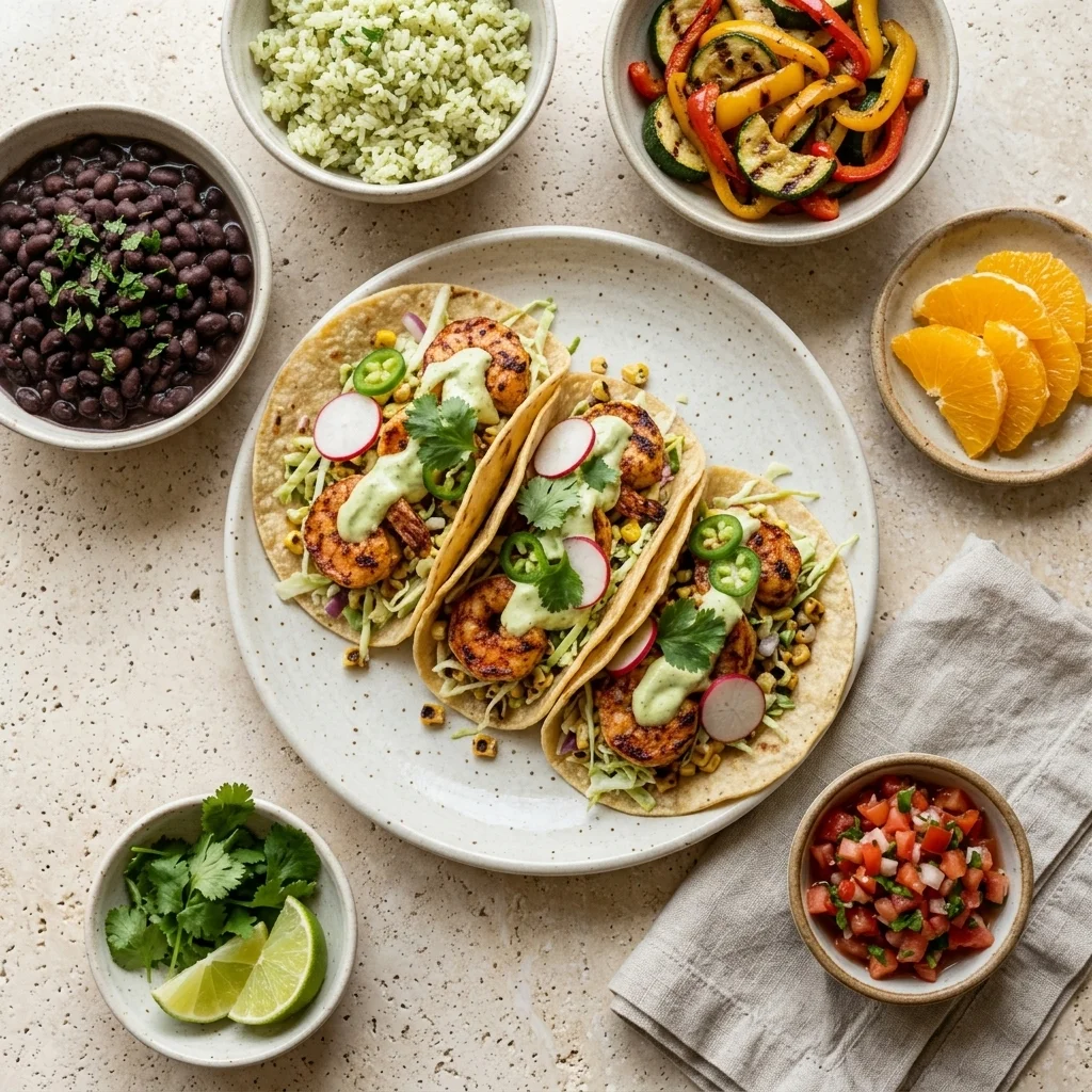 Shrimp taco dinner with black beans, cilantro lime rice, grilled vegetables, fruit, and salsa