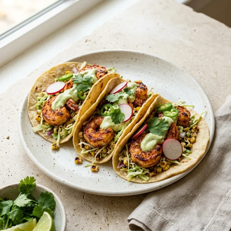 Smoky lime shrimp tacos with charred corn slaw and avocado-yogurt sauce