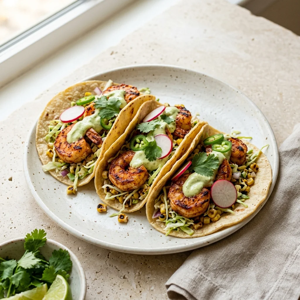 Smoky Lime Shrimp Tacos with Charred Corn Slaw