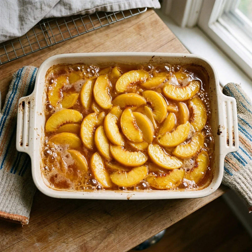 Hot peach filling bubbling around the baking dish before biscuit topping