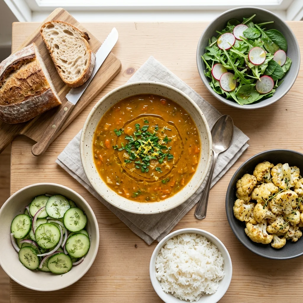 Lentil soup dinner with crusty bread, cucumber salad, cauliflower, rice, and greens