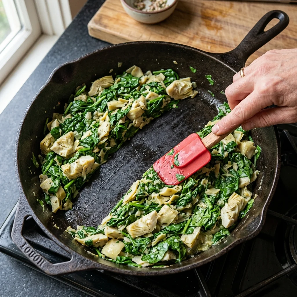 A dry spatula path through skillet-warmed spinach and chopped artichokes