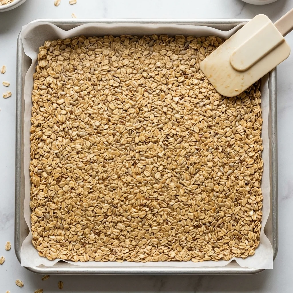 Tahini-coated oats pressed into an even layer on a parchment-lined sheet pan