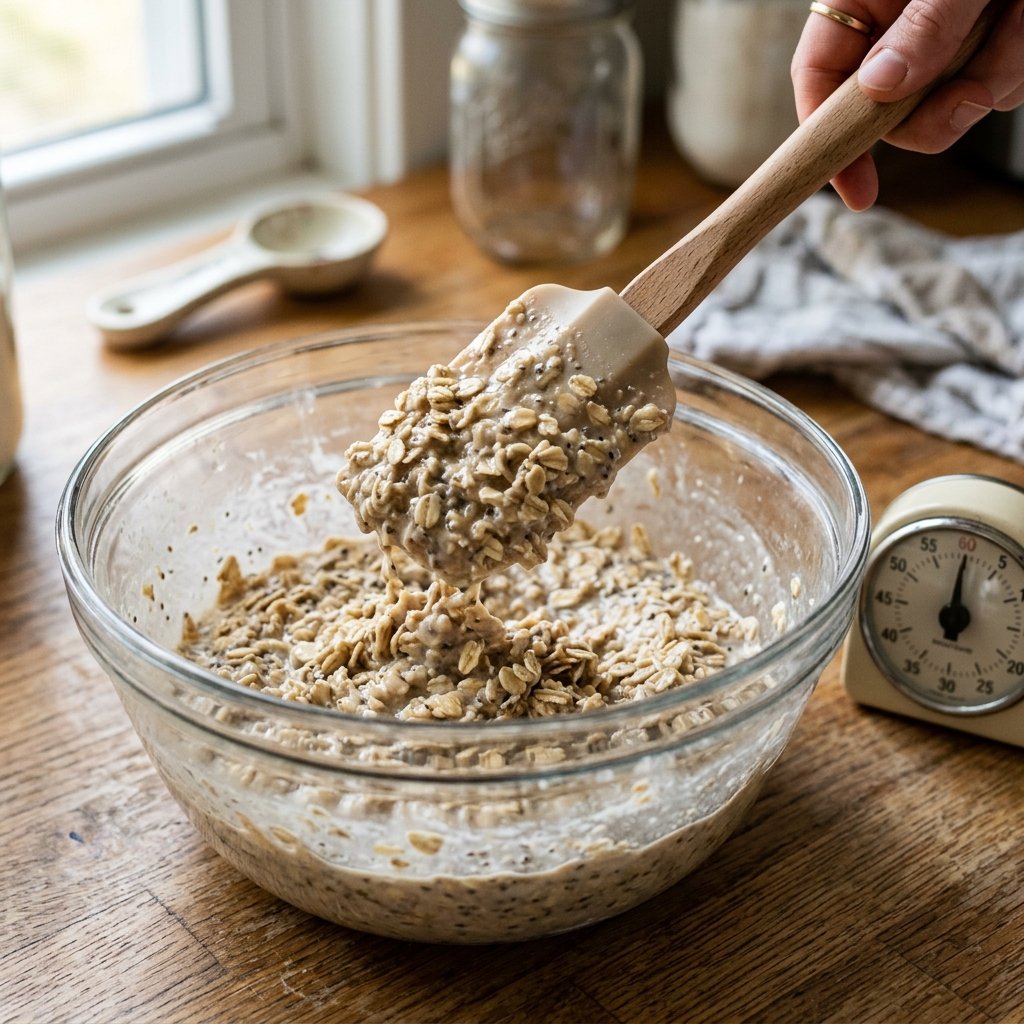 Overnight oats being stirred again after a ten-minute rest