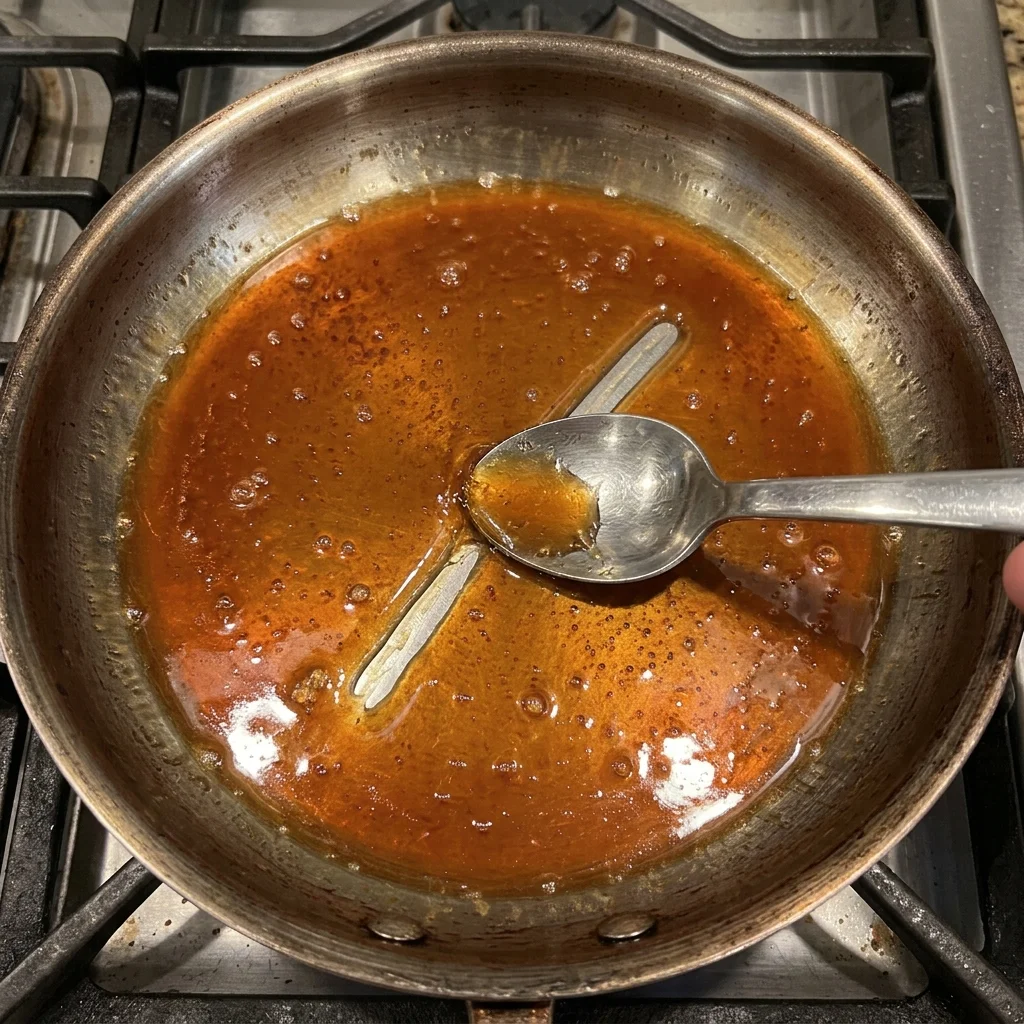 Smooth teriyaki glaze flowing back across a brief spoon path