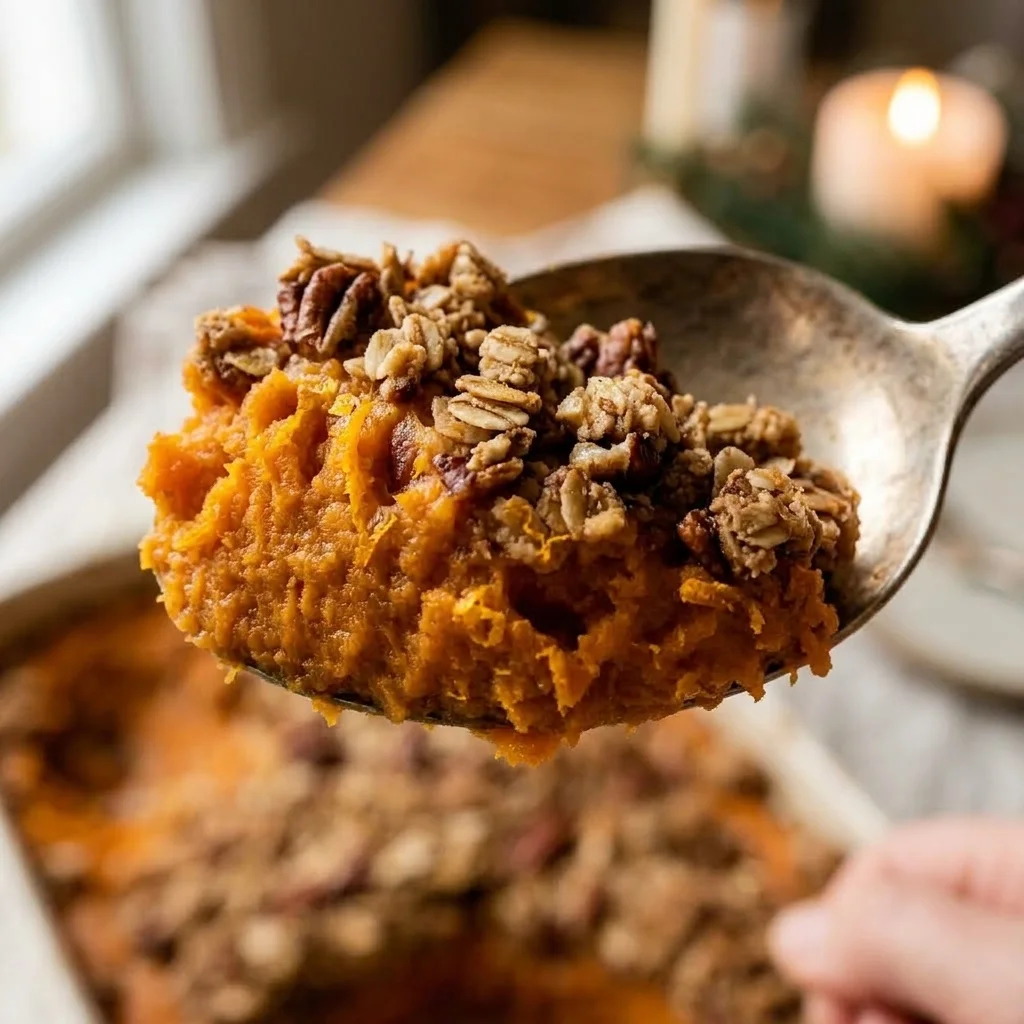 Spoonful of soft maple sweet potato filling under crisp toasted pecan and oat clusters