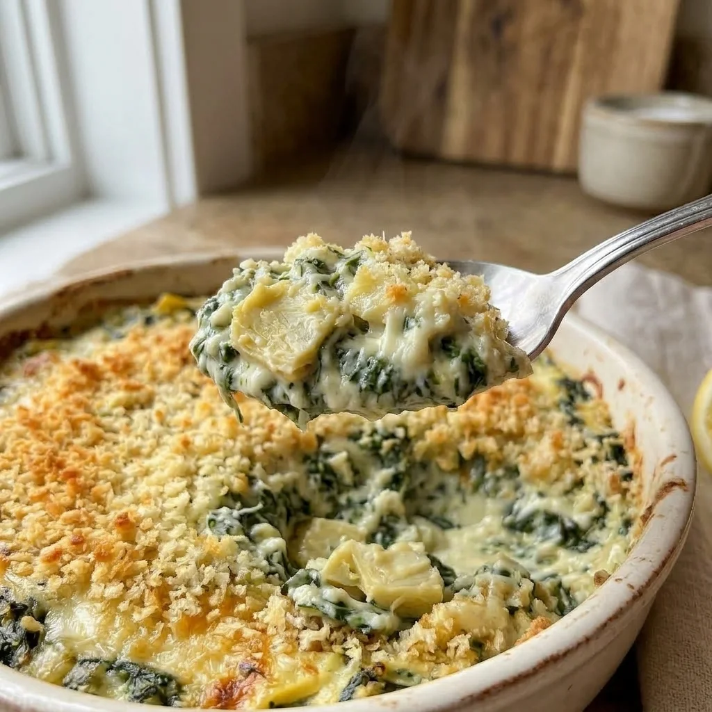 Creamy scoop of spinach and artichoke cheese dip with visible vegetable pieces
