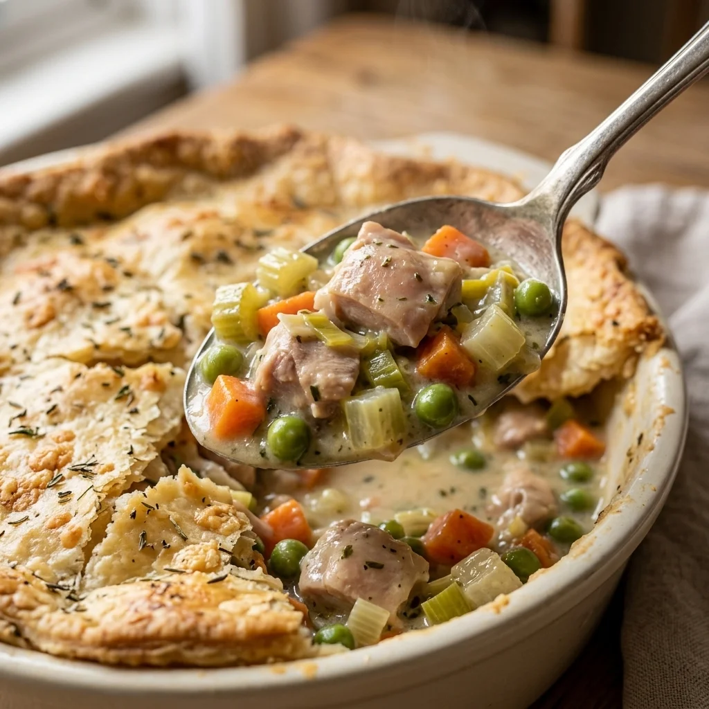 Creamy chicken and vegetable filling beneath crisp flakes of thyme pastry