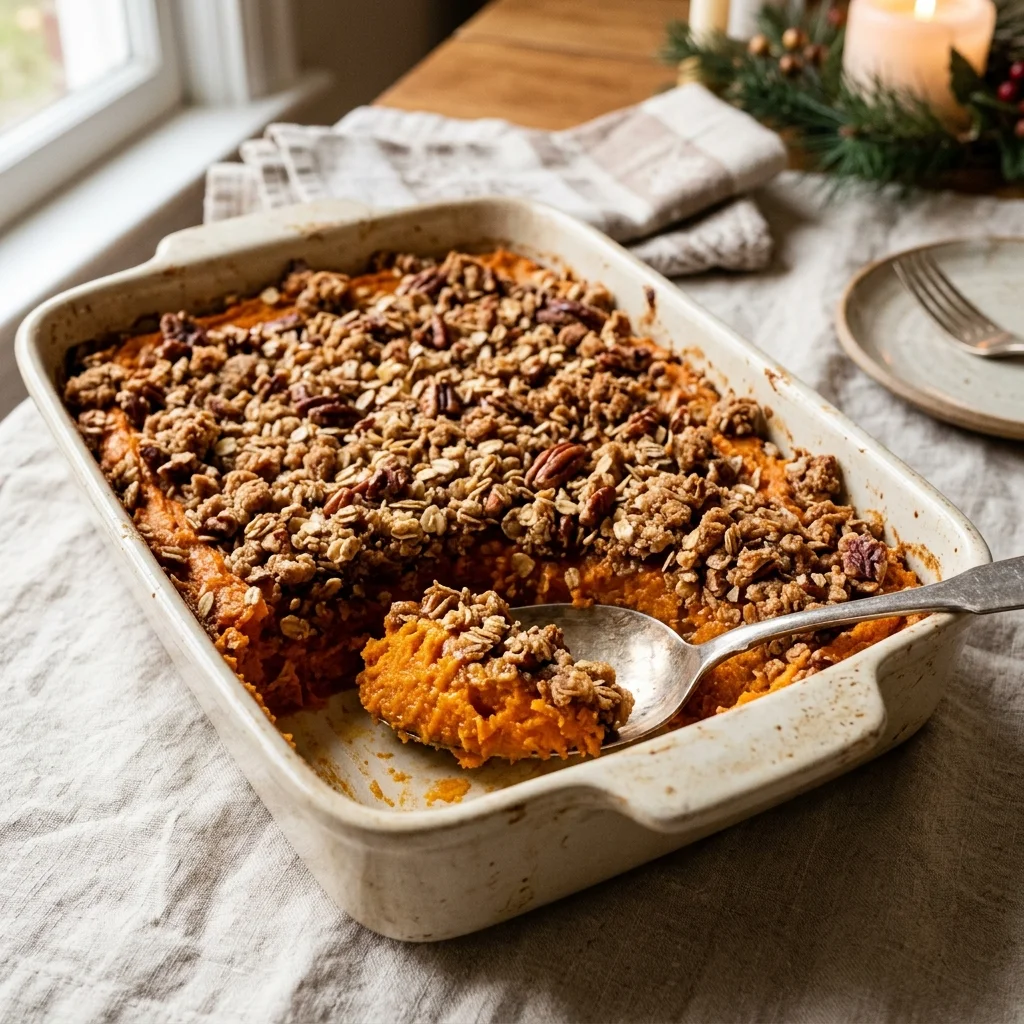 Pecan oat crumble on a baked dish