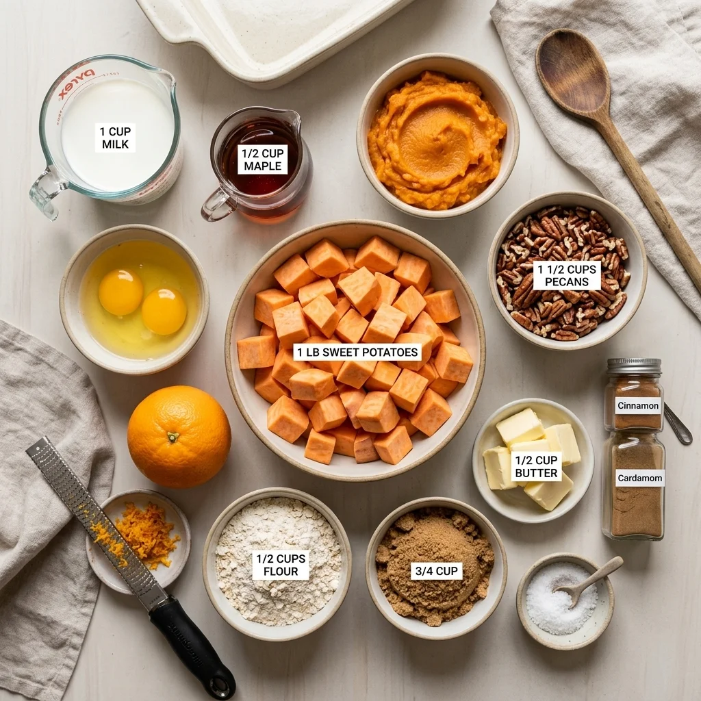 Sweet potatoes, maple syrup, orange, spices, pecans, oats, and butter measured for a holiday casserole