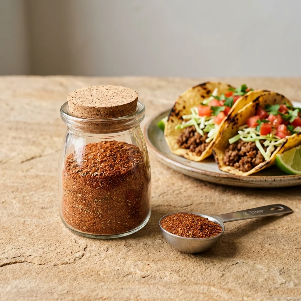Homemade taco seasoning with ancho chile beside a measured spoon and two tacos