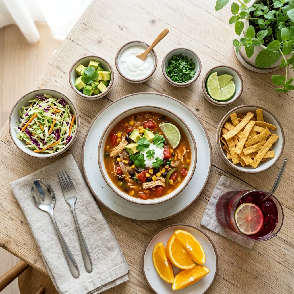 Taco soup served with cabbage slaw, tortilla strips, citrus fruit, toppings, and hibiscus tea